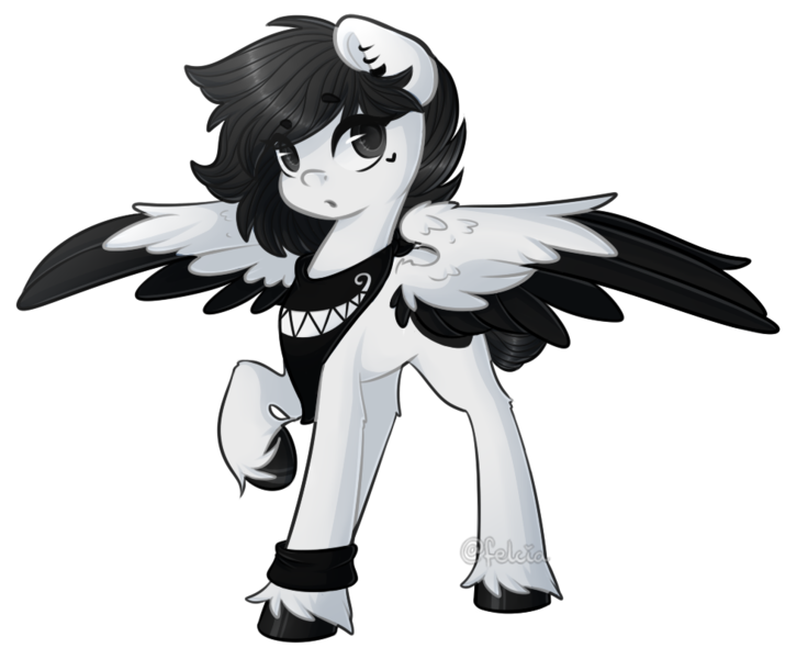 Size: 993x809 | Tagged: safe, artist:felcia, derpibooru import, oc, unofficial characters only, pegasus, pony, bandana, black mane, ear piercing, earring, female, jewelry, looking at you, mare, piercing, simple background, solo, transparent background, unshorn fetlocks, white coat