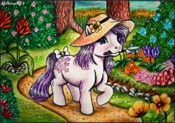 Size: 1043x736 | Tagged: safe, artist:lolliangel123, derpibooru import, blossom, pony, bow, flower, g1, garden, gardening, hat, mouth hold, solo, sun hat, tail bow, traditional art, tree, trowel