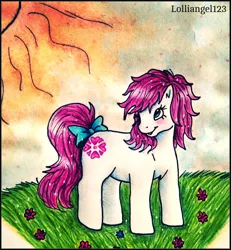 Size: 1522x1647 | Tagged: safe, artist:lolliangel123, derpibooru import, sundance, pony, flower, g1, solo, sun, traditional art