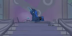 Size: 1907x952 | Tagged: safe, artist:plotcore, derpibooru import, princess luna, alicorn, pony, gamer luna, chest fluff, computer, controller, court, female, laptop computer, magic, mare, messy mane, night court, prone, solo, steam (software), telekinesis