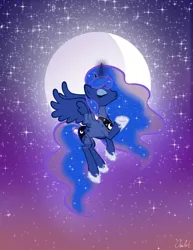 Size: 1280x1656 | Tagged: safe, artist:missanimegrl, derpibooru import, princess luna, alicorn, pony, eyes closed, female, flying, mare, moon, night, night sky, sky, solo, stars, watermark