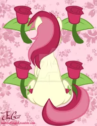 Size: 800x1035 | Tagged: safe, artist:missanimegrl, derpibooru import, roseluck, earth pony, pony, abstract background, both cutie marks, cutie mark, cutie mark background, female, flower, mare, plot, raised hoof, rear view, rose, sitting, solo, watermark