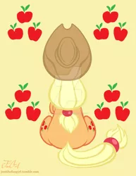 Size: 800x1035 | Tagged: safe, artist:missanimegrl, derpibooru import, applejack, earth pony, pony, apple, both cutie marks, cutie mark, cutie mark background, female, food, hat, mare, plot, raised hoof, rear view, sitting, solo, watermark