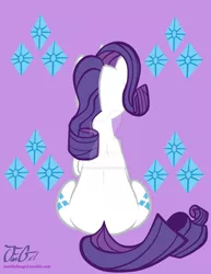 Size: 1024x1325 | Tagged: safe, artist:missanimegrl, derpibooru import, rarity, pony, unicorn, both cutie marks, cutie mark, cutie mark background, female, jewel, mare, plot, raised hoof, rear view, sitting, solo, watermark