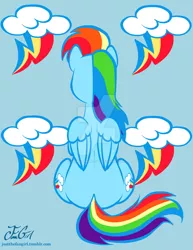 Size: 800x1035 | Tagged: safe, artist:missanimegrl, derpibooru import, rainbow dash, pegasus, pony, backwards cutie mark, both cutie marks, cloud, cutie mark, cutie mark background, female, lightning, mare, plot, raised hoof, rear view, sitting, solo, watermark