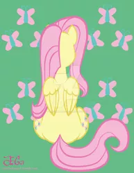 Size: 800x1035 | Tagged: safe, artist:missanimegrl, derpibooru import, fluttershy, butterfly, pegasus, pony, both cutie marks, cutie mark, cutie mark background, female, mare, plot, raised hoof, rear view, sitting, solo, watermark