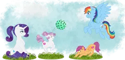 Size: 2484x1200 | Tagged: safe, artist:miyathegoldenflower, derpibooru import, rainbow dash, rarity, scootaloo, sweetie belle, pegasus, pony, unicorn, ball, cutie mark, eyes closed, female, filly, flying, grass, jumping, playing, ponytail, sky, smiling, spread wings, the cmc's cutie marks, wings