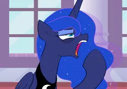 Size: 1016x720 | Tagged: safe, artist:maren, derpibooru import, princess luna, alicorn, pony, a royal problem, annoyed, bags under eyes, female, lidded eyes, mare, open mouth, peytral, raised hoof, solo, tired, waking up, yawn