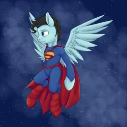 Size: 3000x3000 | Tagged: safe, artist:mephysta, derpibooru import, ponified, pegasus, pony, cape, clothes, colored pupils, flying, male, skintight clothes, solo, spread wings, stallion, superman, wings