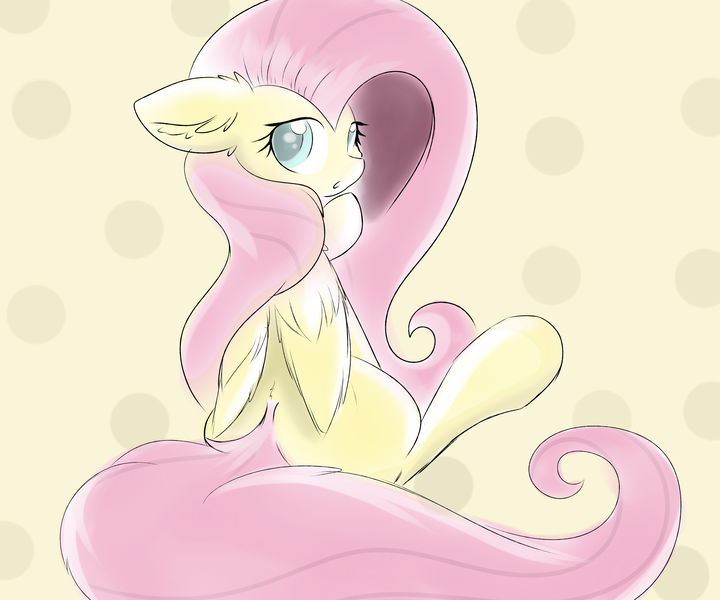 Size: 6000x5000 | Tagged: safe, artist:meowmavi, derpibooru import, fluttershy, pegasus, pony, abstract background, absurd resolution, colored pupils, ear fluff, female, floppy ears, long mane, long tail, looking at you, looking back, looking back at you, mare, rear view, sitting, solo, wing fluff