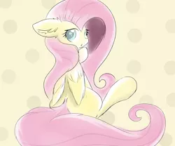 Size: 6000x5000 | Tagged: safe, artist:meowmavi, derpibooru import, fluttershy, pegasus, pony, abstract background, absurd resolution, colored pupils, ear fluff, female, floppy ears, long mane, long tail, looking at you, looking back, looking back at you, mare, rear view, sitting, solo, wing fluff