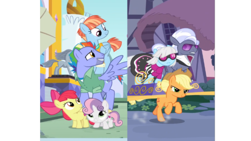 Size: 1920x1080 | Tagged: safe, derpibooru import, screencap, apple bloom, applejack, bow hothoof, hoity toity, photo finish, sweetie belle, windy whistles, pony, honest apple, parental glideance, carrying, palanquin, ponies riding ponies, pony pile, rainbow dash's parents, tower of pony