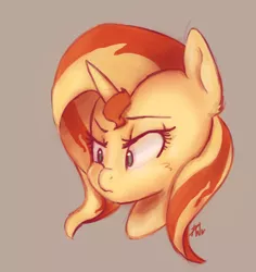 Size: 1280x1356 | Tagged: safe, artist:penny-wren, derpibooru import, sunset shimmer, pony, unicorn, brown background, bust, confused, female, mare, portrait, simple background, solo