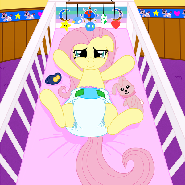 Size: 3000x3000 | Tagged: questionable, artist:fillyscoots42, derpibooru import, edit, edited edit, editor:hodgepodgedl, fluttershy, parasprite, pony, adult foal, binky, crib, cute, diaper, diaper fetish, female, fetish, floppy ears, happy, looking at you, mario, pacifier, plushie, poofy diaper, smiling, solo, solo female, super crinkle pony adventure 64, thread