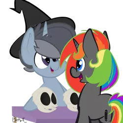 Size: 1024x1024 | Tagged: safe, artist:binkyt11, derpibooru import, oc, oc:krylone, oc:nurse bloodlust, unofficial characters only, pony, unicorn, anatomically incorrect, bad anatomy, female, halloween, hat, holiday, incorrect leg anatomy, male, mare, rainbow hair, simple background, skull, stallion, transparent background, witch hat