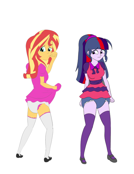 Size: 1024x1325 | Tagged: questionable, artist:diaperednight, derpibooru import, sci-twi, sunset shimmer, twilight sparkle, equestria girls, breasts, clothes, diaper, diaper fetish, dress, fetish, frills, model, modeling, poofy diaper, shoes, stockings, thigh highs, thumb sucking