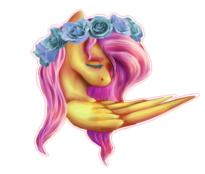 Size: 1024x869 | Tagged: safe, artist:mranonim, artist:mrantio, derpibooru import, fluttershy, pegasus, pony, bust, eyes closed, female, floral head wreath, flower, head turn, looking down, mare, portrait, sad, simple background, solo, transparent background