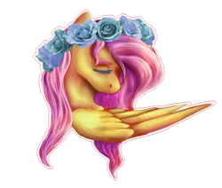 Size: 1024x869 | Tagged: safe, artist:mranonim, artist:mrantio, derpibooru import, fluttershy, pegasus, pony, bust, eyes closed, female, floral head wreath, flower, head turn, looking down, mare, portrait, sad, simple background, solo, transparent background