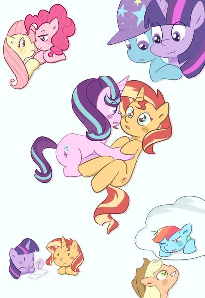 Size: 2370x3444 | Tagged: safe, artist:yuck, derpibooru import, applejack, fluttershy, pinkie pie, rainbow dash, starlight glimmer, sunset shimmer, trixie, twilight sparkle, pony, appledash, blushing, clothes, counterparts, female, flutterpie, hat, lesbian, shimmerglimmer, shipping, simple background, sunsetsparkle, trixie's hat, twilight's counterparts, twixie, white background