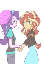 Size: 2370x3444 | Tagged: safe, artist:yuck, derpibooru import, starlight glimmer, sunset shimmer, equestria girls, mirror magic, spoiler:eqg specials, beanie, duo, duo female, female, hat, lesbian, shimmerglimmer, shipping, simple background, white background