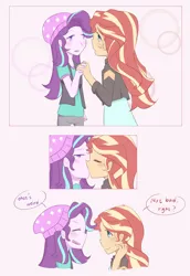 Size: 2370x3444 | Tagged: safe, artist:yuck, derpibooru import, starlight glimmer, sunset shimmer, equestria girls, mirror magic, spoiler:eqg specials, beanie, blushing, dialogue, duo, duo female, female, hat, kissing, lesbian, shimmerglimmer, shipping, sidemouth