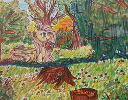 Size: 2371x1854 | Tagged: safe, artist:biskhuit, derpibooru import, fluttershy, bird, pony, apple, basket, flower, food, forest, mouth hold, profile, smiling, solo, traditional art, tree, tree stump