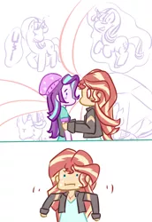 Size: 2370x3444 | Tagged: safe, artist:yuck, derpibooru import, starlight glimmer, sunset shimmer, pony, unicorn, equestria girls, mirror magic, spoiler:eqg specials, beanie, female, hat, holding arms, lesbian, mare, s5 starlight, shimmerglimmer, shipping, staff, staff of sameness, sunset sees things, sweat