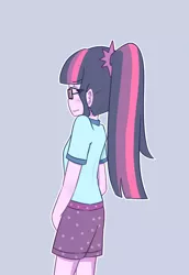 Size: 1280x1860 | Tagged: safe, artist:yuck, derpibooru import, sci-twi, twilight sparkle, equestria girls, blue background, blushing, camp everfree outfits, clothes, female, glasses, ponytail, shorts, simple background, solo