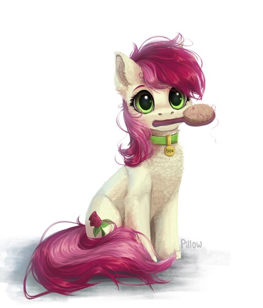Size: 1708x2001 | Tagged: safe, artist:graypillow, derpibooru import, roseluck, earth pony, pony, behaving like a dog, brush, chest fluff, collar, cute, cuteluck, ear fluff, female, flower, fluffy, hairbrush, looking at you, mare, mouth hold, pet tag, pony pet, rose, rosepet, simple background, solo, weapons-grade cute, white background