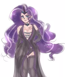 Size: 4000x4688 | Tagged: absurd resolution, artist:mrscurlystyles, beautiful, big breasts, breasts, busty nightmare rarity, choker, cleavage, clothes, colored sketch, derpibooru import, dress, evening gloves, evil, eyeshadow, female, gloves, human, humanized, lingerie, long gloves, looking at you, makeup, nightmare rarity, seductive look, seductive pose, see-through, simple background, smiling, solo, solo female, sparkles, stockings, stupid sexy nightmare rarity, suggestive, thigh highs