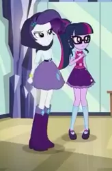 Size: 231x353 | Tagged: safe, derpibooru import, screencap, rarity, sci-twi, twilight sparkle, dance magic, equestria girls, spoiler:eqg specials, boots, clothes, cropped, duo, duo female, female, glasses, mary janes, ponytail, skirt, socks
