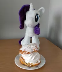 Size: 1375x1600 | Tagged: safe, derpibooru import, rarity, pony, 4de, desk, food, irl, photo, plate, plushie, rarity looking at food, solo, waifu dinner