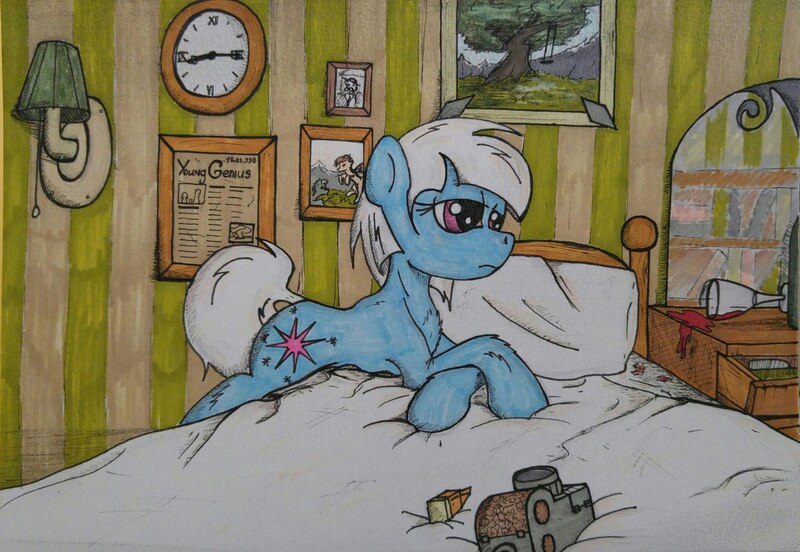 Size: 1280x883 | Tagged: safe, artist:incrediblepanzer, derpibooru import, photo finish, earth pony, pony, alcohol, bed, camera, clock, female, glass, mare, pillow, solo, tired, traditional art, wine, wine glass