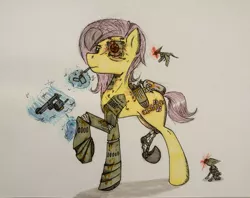 Size: 1853x1467 | Tagged: safe, artist:incrediblepanzer, derpibooru import, fluttershy, cyborg, pony, robot, amputee, brand, cyberpunk, gun, pet, prosthetic eye, prosthetic limb, prosthetics, raised hoof, traditional art, weapon