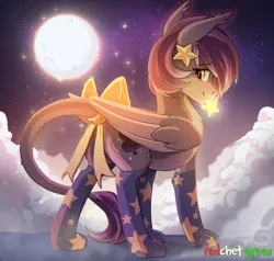 Size: 1500x1428 | Tagged: artist:redchetgreen, clothes, cloud, commission, derpibooru import, female, hybrid, leonine tail, long tail, looking back, mare, moon, mouth hold, night, oc, oc:shadowgale, original species, safe, smiling, socks, solo, stars, unofficial characters only, ych result