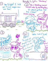 Size: 1280x1611 | Tagged: safe, artist:adorkabletwilightandfriends, derpibooru import, rainbow dash, trixie, twilight sparkle, twilight sparkle (alicorn), alicorn, pegasus, pony, comic:adorkable twilight and friends, abuse, adorkable twilight, bush, comic, dialogue, dilated pupils, floppy ears, flying, hiding, lineart, open mouth, screaming, shrunken pupils, slice of life, spread wings, squint, sweat, trixie's wagon, trixiebuse, wavy mouth, wings