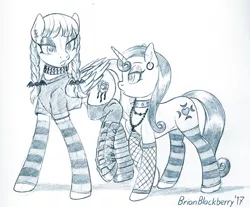 Size: 721x596 | Tagged: safe, artist:brianblackberry, derpibooru import, inky rose, moonlight raven, pegasus, pony, unicorn, honest apple, boots, clothes, collar, duo, female, goth, mare, monochrome, shoes, sketch, socks, stockings, striped socks, thigh highs