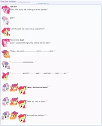 Size: 870x1078 | Tagged: apple bloom, artist:dziadek1990, chicken, conversation, cutie mark crusaders, derpibooru import, dialogue, emotes, emote story, fourth wall, joke, meta, pinkie pie, punchline, reddit, safe, scootaloo, slice of life, sweetie belle, text