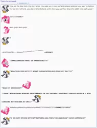 Size: 871x1145 | Tagged: artist:dziadek1990, blue pill, chaos, conversation, crossover, derpibooru import, dialogue, emotes, emote story, error, make it stop, pandemonium, pinkie pie, reddit, red pill, reference, safe, slice of life, text, the matrix, this will end in tears and/or death, this will end in tears and/or death and/or covered in tree sap, zecora