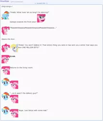 Size: 867x1018 | Tagged: safe, artist:dziadek1990, derpibooru import, derpy hooves, pinkie pie, rainbow dash, pony, conversation, dialogue, emote story, emotes, lottery, oblivious, pizza delivery, priorities, reddit, skewed priorities, slice of life, text