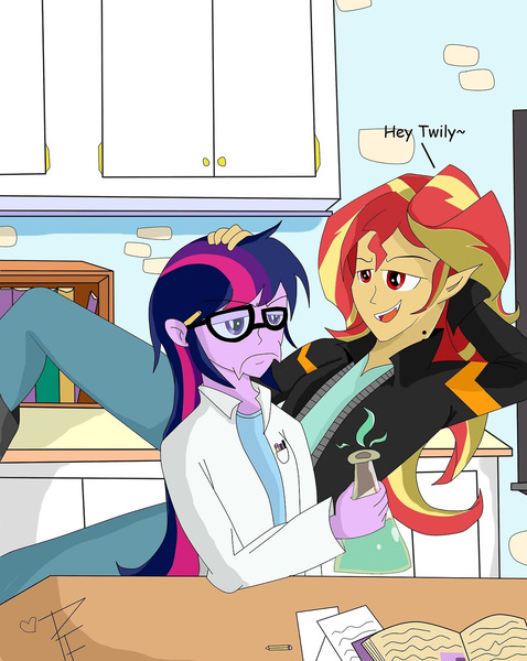 Size: 1280x1607 | Tagged: safe, artist:thelittlepandora, derpibooru import, sunset shimmer, twilight sparkle, demon, vampire, equestria girls, adventure time, alternate universe, annoyed, bite mark, book, bubbline, clothes, crossover, female, glasses, lab coat, laboratory, lesbian, marceline, princess bubblegum, red eyes, shipping, sunsetsparkle