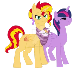 Size: 1024x942 | Tagged: safe, artist:sundownspark, derpibooru import, sunset shimmer, twilight sparkle, twilight sparkle (alicorn), oc, oc:sundown spark, alicorn, pony, alicornified, eyes closed, female, lesbian, magical lesbian spawn, next generation, offspring, parent:sunset shimmer, parent:twilight sparkle, parents:sunsetsparkle, race swap, shimmercorn, shipping, simple background, sunsetsparkle, transparent background