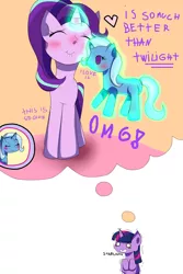 Size: 1012x1512 | Tagged: safe, artist:marian9, derpibooru import, starlight glimmer, trixie, twilight sparkle, alicorn, pony, unicorn, blushing, dialogue, female, heart, imagination, jealous, lesbian, levitation, magic, mare, plushie, shipping, smiling, startrix, teary eyes, telekinesis, thought bubble