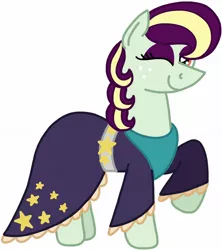 Size: 1252x1408 | Tagged: safe, artist:kindheart525, derpibooru import, oc, oc:pristine melody, unofficial characters only, earth pony, pony, kindverse, clothes, dress, eyeshadow, magical lesbian spawn, makeup, offspring, one eye closed, parent:applejack, parent:coloratura, parents:rarajack, raised hoof, simple background, solo, white background, wink