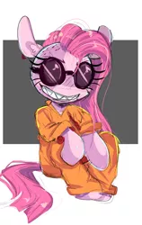 Size: 1588x2505 | Tagged: safe, artist:peachesandcreamated, derpibooru import, pinkie pie, pony, clothes, grin, pinkamena diane pie, prison outfit, sitting, smiling, solo, sunglasses