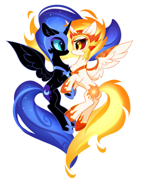 Size: 1105x1400 | Tagged: safe, artist:tomatocoup, derpibooru import, daybreaker, nightmare moon, alicorn, pony, a royal problem, armor, chest fluff, cute, diabreaker, duo, ear fluff, eye contact, female, helmet, looking at each other, mane of fire, mare, moonabetes, simple background, spread wings, transparent background, wings