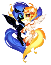 Size: 1105x1400 | Tagged: safe, artist:tomatocoup, derpibooru import, daybreaker, nightmare moon, alicorn, pony, a royal problem, armor, chest fluff, cute, diabreaker, duo, ear fluff, eye contact, female, helmet, looking at each other, mane of fire, mare, moonabetes, simple background, spread wings, transparent background, wings