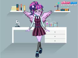 Size: 800x600 | Tagged: safe, artist:user15432, derpibooru import, sci-twi, twilight sparkle, twilight sparkle (alicorn), human, equestria girls, friendship games, alternate hairstyle, clothes, crystal prep academy, crystal prep academy uniform, crystal prep shadowbolts, female, glasses, hasbro, hasbro studios, human counterpart, humanized, pegasus wings, ponied up, school uniform, scitwilicorn, shoes, skirt, socks, solo, starsue, winged humanization, wings