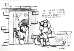 Size: 2155x1487 | Tagged: safe, artist:bobthedalek, derpibooru import, oc, oc:mixed melody, oc:octavia's father, oc:octavia's mother, oc:ostinato melody, unofficial characters only, earth pony, pony, barbeque, black and white, clothes, food, grayscale, monochrome, shirt, sunglasses, traditional art