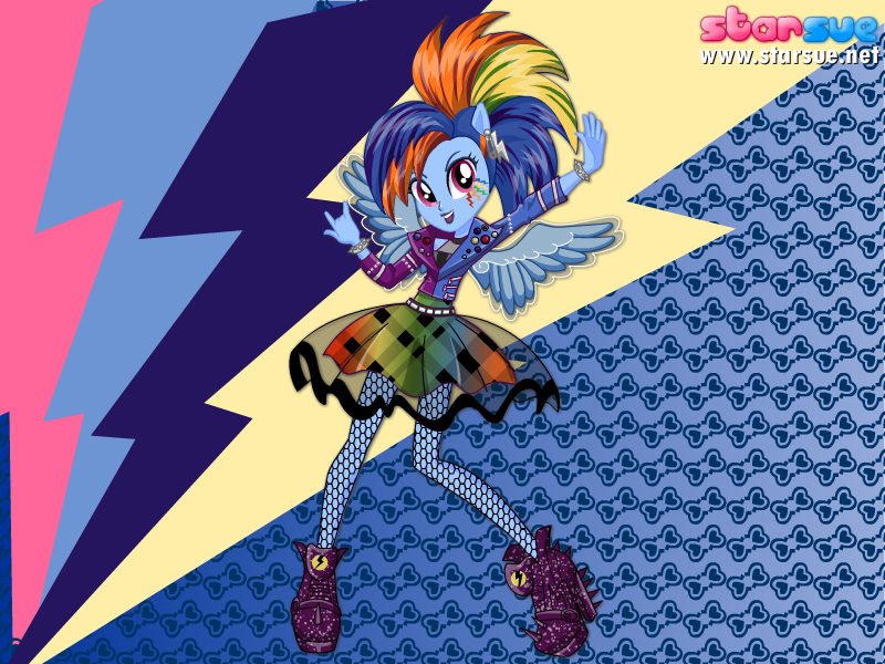 Size: 800x600 | Tagged: safe, artist:user15432, derpibooru import, rainbow dash, pegasus, pony, equestria girls, rainbow rocks, alternate hairstyle, clothes, dressup, female, hairstyle, hasbro, hasbro studios, high heels, new hairstyle, pegasus wings, ponied up, rainbow rocks outfit, rock and roll, shoes, skirt, solo, starsue, tattoo, winged humanization, wings